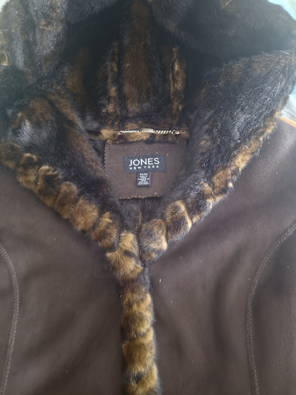 Jones New York Dark Brown Faux-Fur Trim Leather Jacket